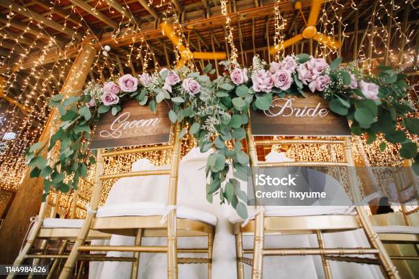 Wedding Reception Chairs For Wedding Couple With Bride And Groom Wording Stock Photo - Download Image Now