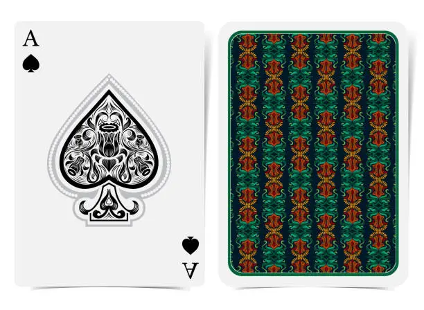 Vector illustration of Ace of spades face with narcissus flowers pattern inside spades and back with orange green floral pattern on dark suit. Vector card template