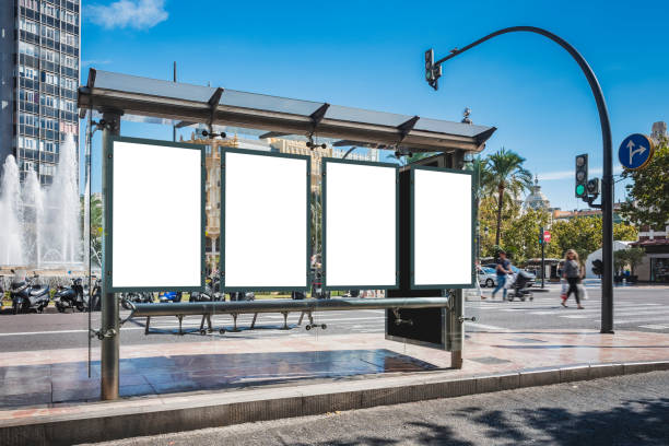 Mock up Poster template at Bus station Banners Advertising Media outdoor Mock up Poster template at Bus station Banners Advertising Media outdoor Sign People walking in street city bus shelter stock pictures, royalty-free photos & images