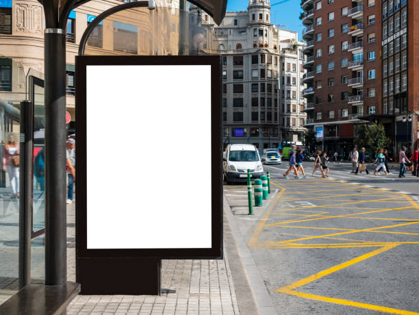 mock up banner at bus station media outdoor city street - bus stop imagens e fotografias de stock