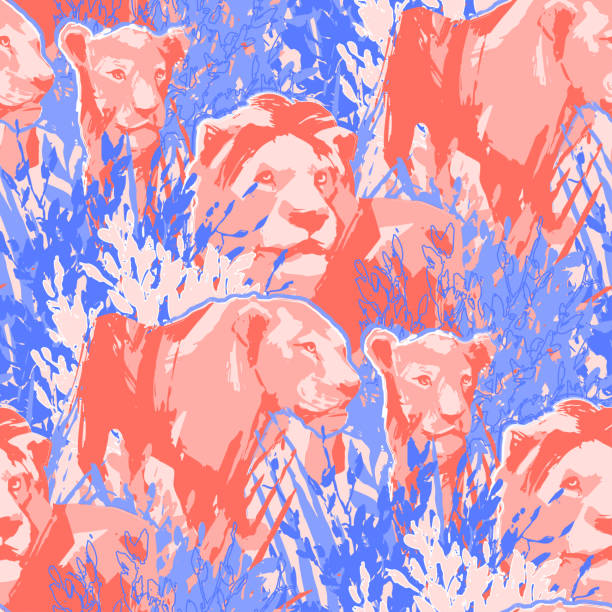 istock Seamless pattern of lion pride among the grass and bushes 1144986766