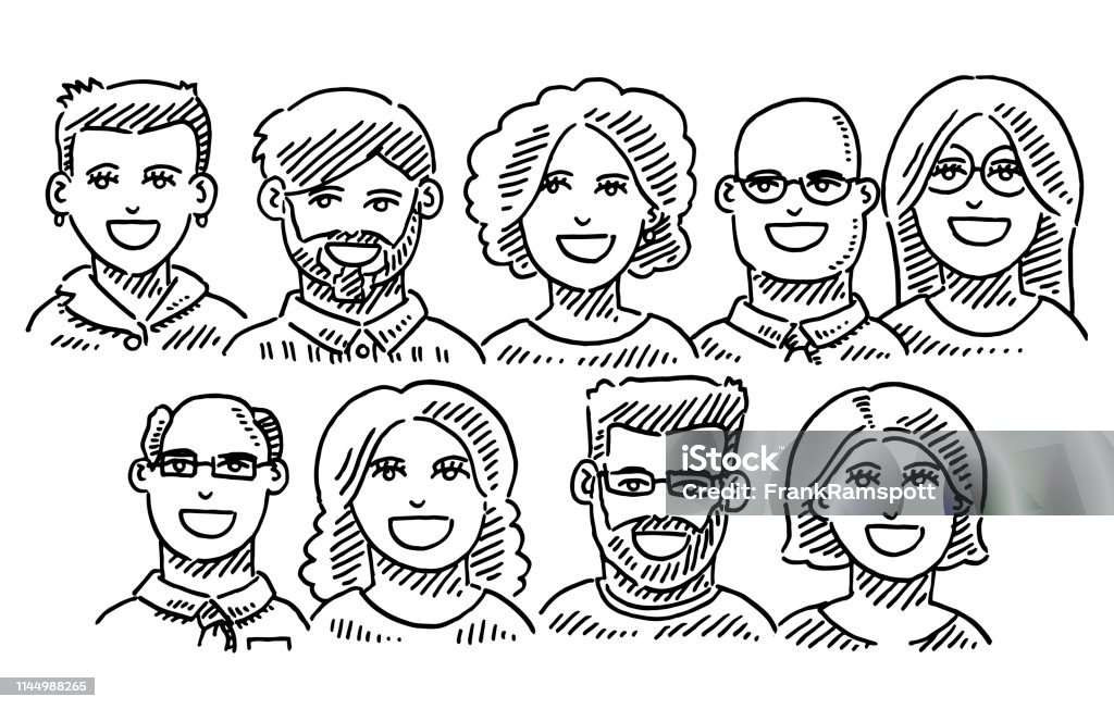 Business Team Portraits Drawing Hand-drawn vector drawing of Business Team Portraits. Black-and-White sketch on a transparent background (.eps-file). Included files are EPS (v10) and Hi-Res JPG. Drawing - Art Product stock vector