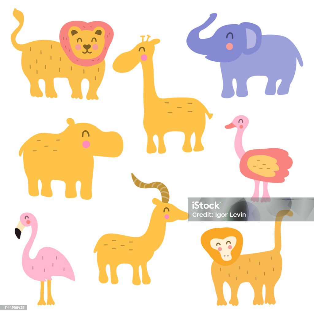 Set of cute african animals. Hand drawn vector icon illustration design. Best for nursery, childish textile, apparel, poster, postcard. Ostrich stock vector