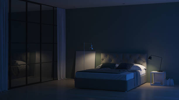 istock Modern house interior. Interior bedroom with glass partitions. Night. Evening lighting. 3D rendering. 1144989956