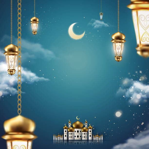 Magical mosque scene Magical mosque scene and fanoos hanging in the air on starry night onion dome stock illustrations