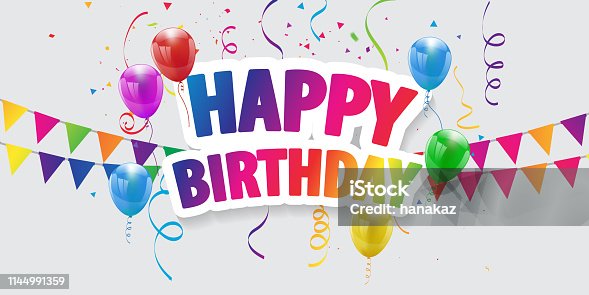 istock Happy Birthday balloons Colorful celebration background with confetti. 1144991359