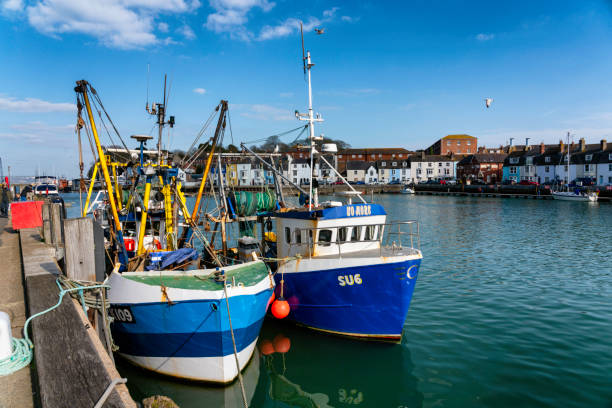 Weymouth, Dorset - April 10, 2019: Colourful fishing boats tied up on the quayside in Weymouth Harbour, Dorset.
