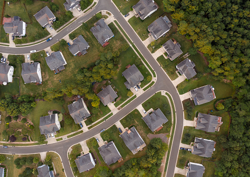 Aerial drone shot of a suburban residential subdivision