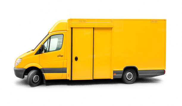 istock Old yellow delivery van on white background 1144995450