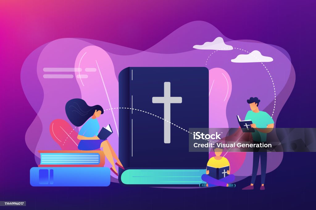 Holy bible concept vector illustration. Tiny people christians reading the Holy Bible and learning about Christ. Holy Bible, sacred holy book, the word of God concept. Bright vibrant violet vector isolated illustration Bible stock vector