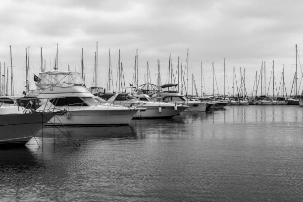 istock Yachts in a harbour in Turkey. Black and white. Copy space. 1144996885