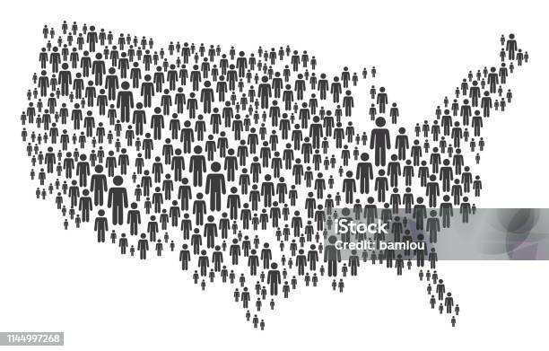 Usa Map Made Of Grey Stickman Figures Stock Illustration - Download Image Now - USA, Map, People