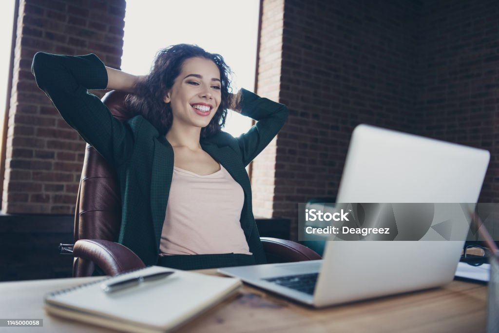 Close Up Photo Of Cute Funny Charming Real Estate Agent Enjoy Leisure Feel  Glad Content Have News In Modern Technology Sit Armchair Jacket Place Hands  Arms Behind Head Neck Desktop In Interior
