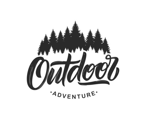 Handwritten Modern brush lettering composition of Outdoor adventure with silhouette of pine forest on white background. Vector illustration: Handwritten Modern brush lettering composition of Outdoor adventure with silhouette of pine forest on white background. camping symbols stock illustrations