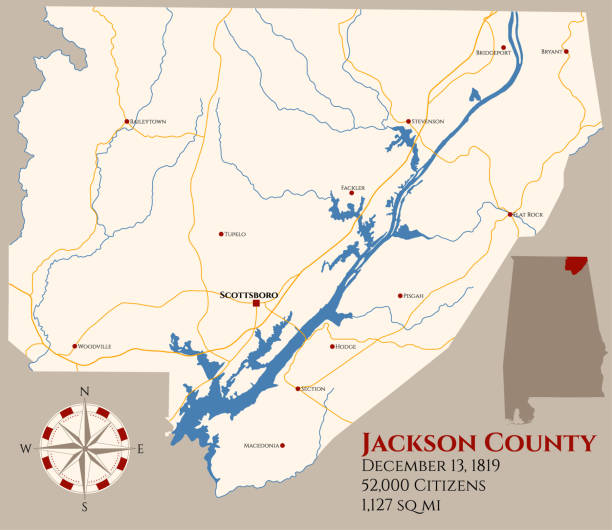 Map of Jackson County in Alabama Large and detailed map of Jackson county in Alabama, USA. alabama state map with cities stock illustrations