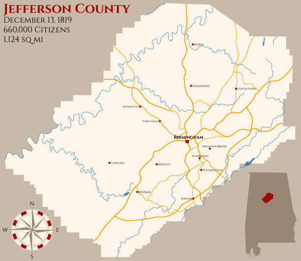 Map of Jefferson County in Alabama Large and detailed map of Jefferson county in Alabama, USA. alabama state map with cities stock illustrations