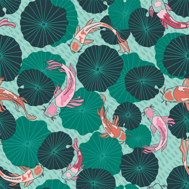 Seamless vector pattern with hand drawn Koi fish or Japanese carps and waterlily or lotus leaves in a modern, colorful graphic style. Seamless vector pattern with hand drawn Koi fish or Japanese carps and waterlily or lotus leaves in a modern, colorful graphic style. Great for fabric, home decor, stationery, fashion accessories. pond illustrations stock illustrations