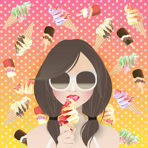 illustrazioni stock, clip art, cartoni animati e icone di tendenza di donna amante del gelato su sfondo gelato - yoghurt coated