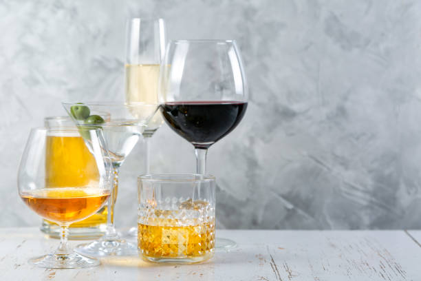 Selection of alcoholic drinks - beer, wine, martini, champagne, cogniac, whiskey stock photo
