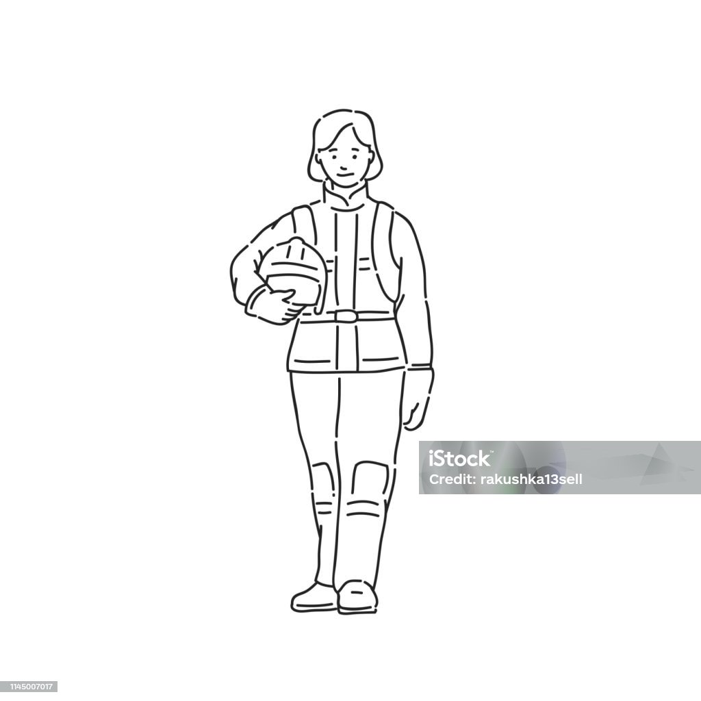 Fireman woman in professional protective suit. Line art style character vector black white isolated illustration. Fireman woman in professional protective suit. Line art style character vector black white isolated illustration Firefighter stock vector