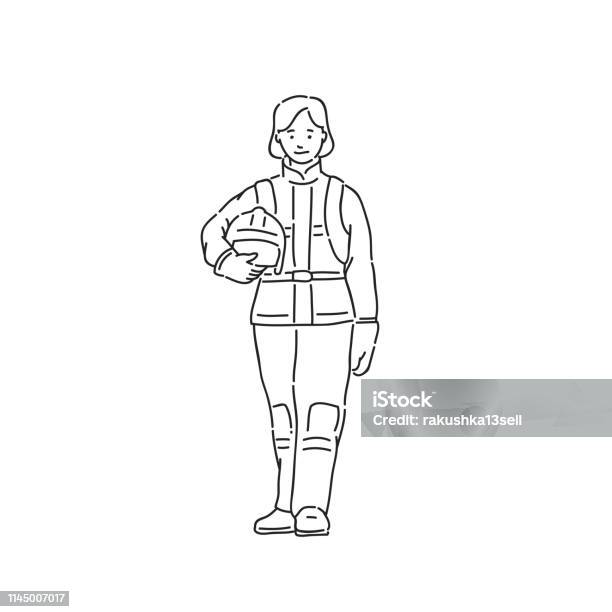 Fireman Woman In Professional Protective Suit Line Art Style Character Vector Black White Isolated Illustration Stock Illustration - Download Image Now