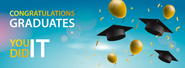 istock Congratulations Graduates 2019, caps, balloons and confetti on a blue sky background. Caps thrown up. Celebration background, vector illustration. 1145011710