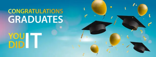 Vector illustration of Congratulations Graduates 2019, caps, balloons and confetti on a blue sky background. Caps thrown up. Celebration background, vector illustration.