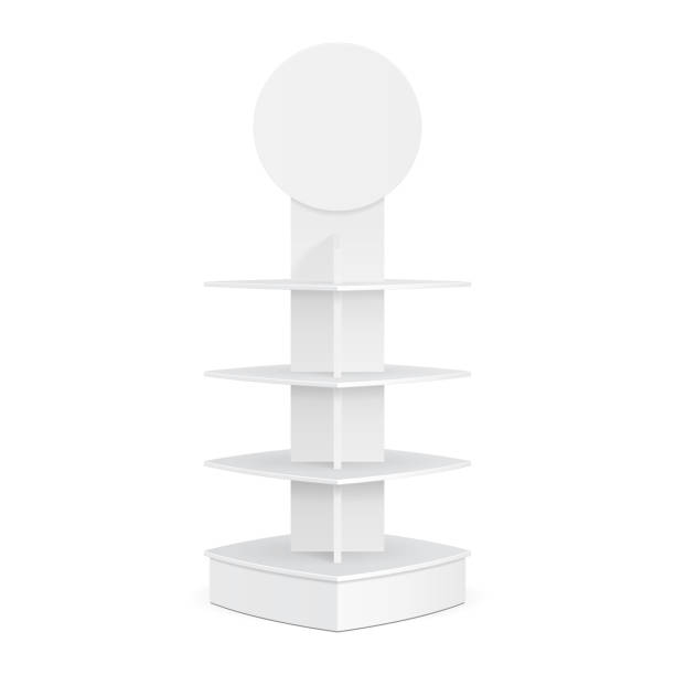 istock White Round POS POI Cardboard Floor Display Rack For Supermarket Blank Empty Displays With Shelves Products On White Background Isolated. Ready For Your Design. Product Packing. Vector EPS10 1145013073