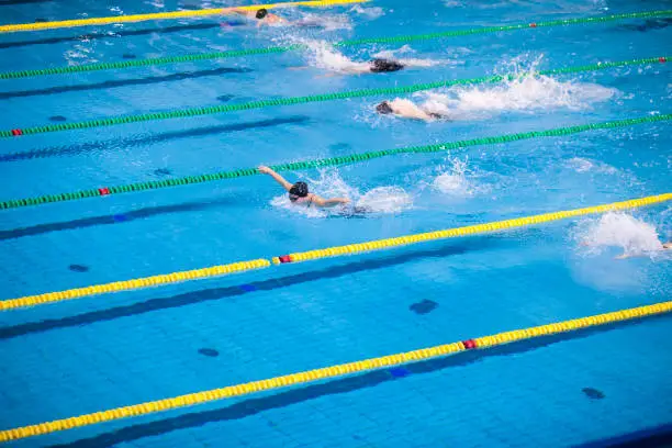 Mid race butterfly stroke swimming race in a olympic size swimingpool.