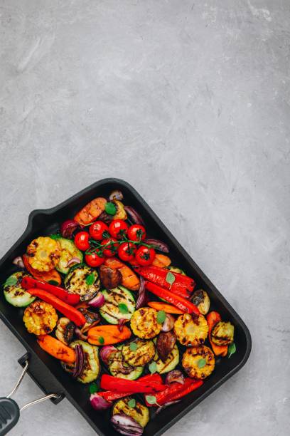 istock Grilled vegetables in a cast iron pan. Top view. 1145017772