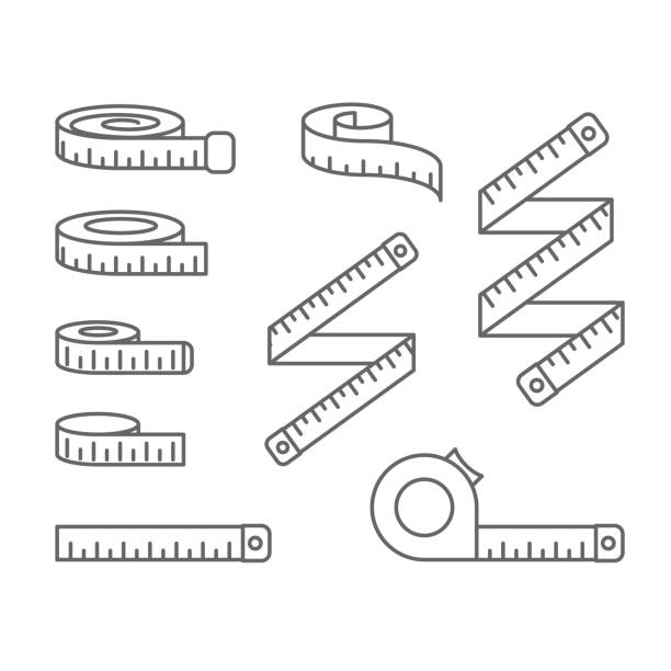 Measuring tape icons - reel, tape measure and bobbin, diet and lose weight concept Measuring tape icons - reel, tape measure and bobbin, diet and lose weight concept measuring stock illustrations