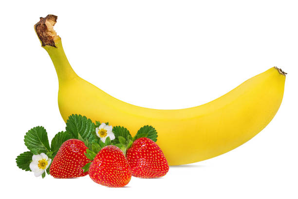 istock Bananas and strawberries isolated on white background with clipping path 1145025555