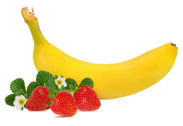 istock Bananas and strawberries isolated on white background with clipping path 1145026373