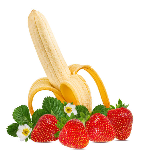 istock Bananas and strawberries isolated on white background with clipping path 1145027898