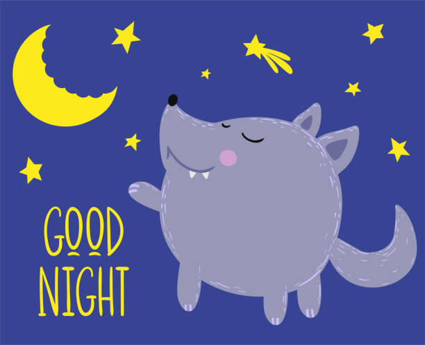  Ilustración de Lindo Lobo Desea Buenas Noches Diseño Para Niños y más Vectores Libres de Derechos de Aullido