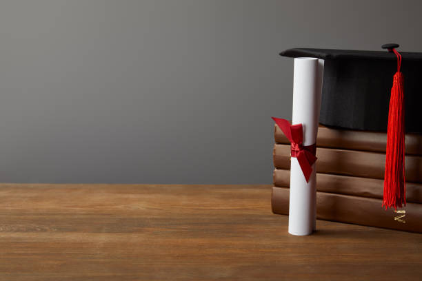 istock Diploma, academic cap and books on wooden surface isolated on grey 1145032021