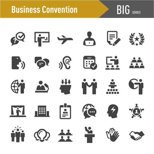 ilustraciones, imágenes clip art, dibujos animados e iconos de stock de iconos de convenciones de negocios-serie grande - tradeshow conference convention center handshake