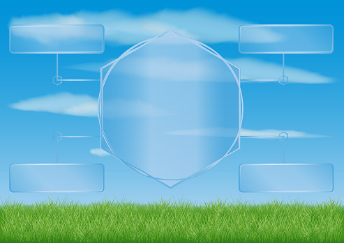 presentation table template made of transparent elements. against the background of a summer field with green grass and blue sky with clouds