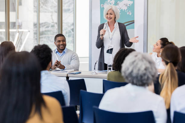 istock Confident international businesswoman participates in panel discussion 1145034429