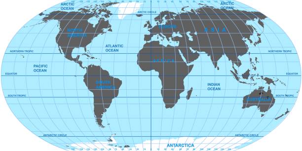 ilustrações de stock, clip art, desenhos animados e ícones de vector map of the world. oceans and continents on a flat projection. - equator