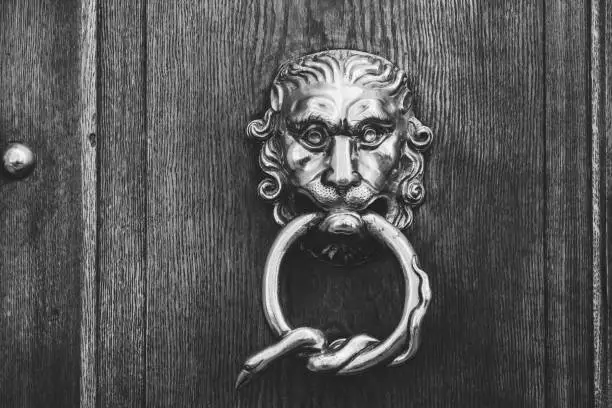 Close-up of a shiny metal lion head with a wound up snake in its mouth on a rustic wooden door - black and white, slightly faded look