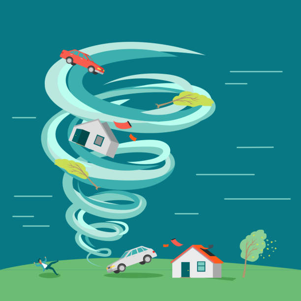 Natural Disaster Flat Design Vector Illustration Destructive tornado vector concept. Flat design. Huge vortex lifted into the air house, car and trees, knocked down man and destroyed building. Natural disaster illustration for insurance company ad tornado stock illustrations