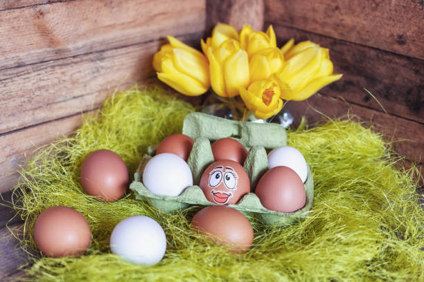 istock Easter composition with white and brown eggs in box with an egg plastered with a funny face 1145040752