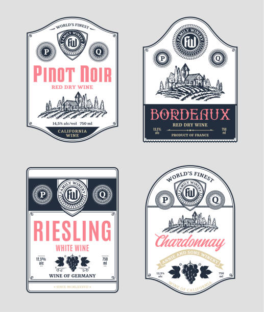 Red and white wine labels and design elements Vector vintage red and white wine labels. Winemaking business branding and identity design elements. chardonnay grape stock illustrations