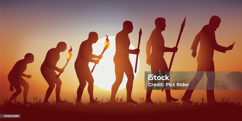 Evolution of mankind towards a world hyper connected and led by social networks. Concept of addiction to the smartphone and social networks with the symbol of Darwin showing the evolution from primitive man to modern man, who advances by looking at his screen. Evolution stock vector