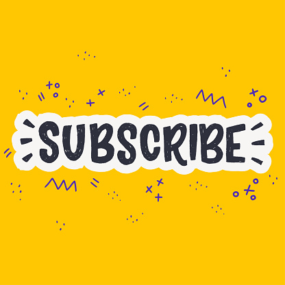 Subscribe hand drawn lettering text on mustard tint. Typographic inscription with doodle elements. Site icon clicked for receiving notifications about any updates, latest news and fresh content. Vector