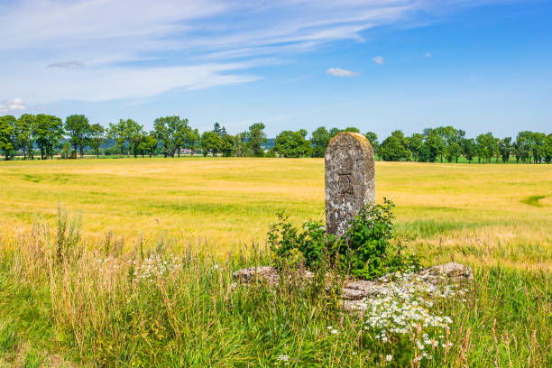 Old milestone mark at a cornfield in a rural landscape