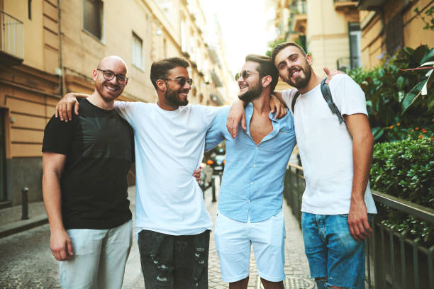 Shot of a group of friends hanging out in the city