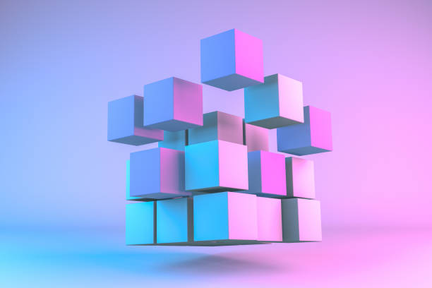 blocchi cubo di rendering 3d con luci al neon - cube puzzle three dimensional shape block foto e immagini stock
