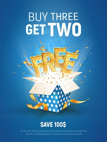 Buy 3 get 2 free vector illustration Ad Special offer super sale. Free gold word and blue gift box on light background